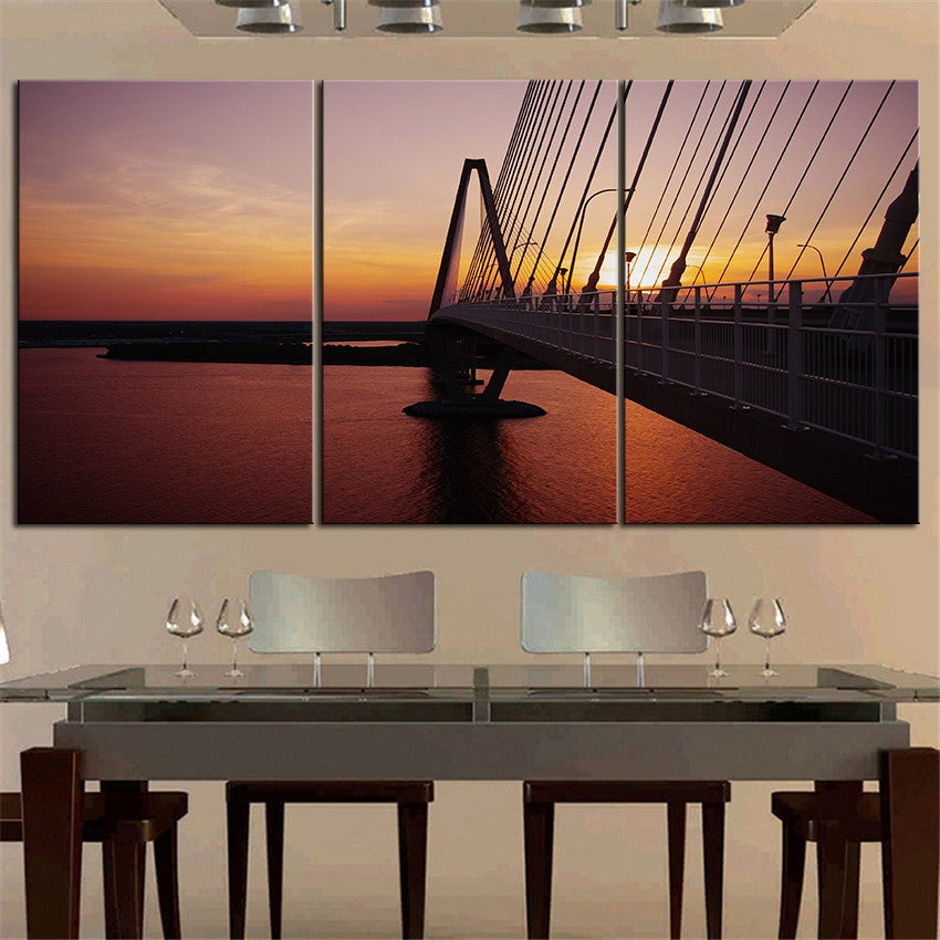 NO FRAME 3pcs Ravenel Bridge at Sunset Printed Oil Painting On Canvas wall Painting for Home Decor Wall picture