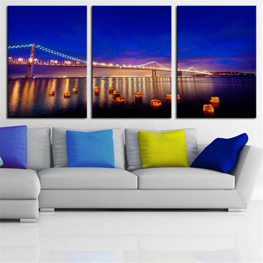 NO FRAME 3pcs golden gate bridge at night Printed Oil Painting On Canvas wall Painting for Home Decor Wall picture