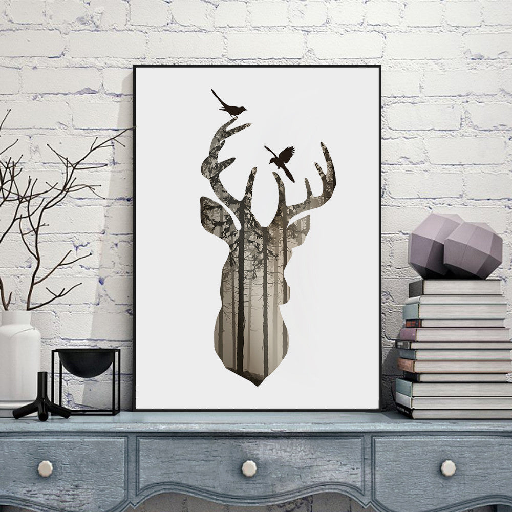 silhouette of deer head with pine forest Canvas Art Print Painting Poster,  Wall Picture for Home Decoration, Home Decor FA396-5